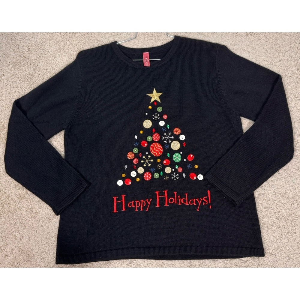 Holiday Time Black Embroidered Beaded Christmas Tree Sweater Womens XL Party